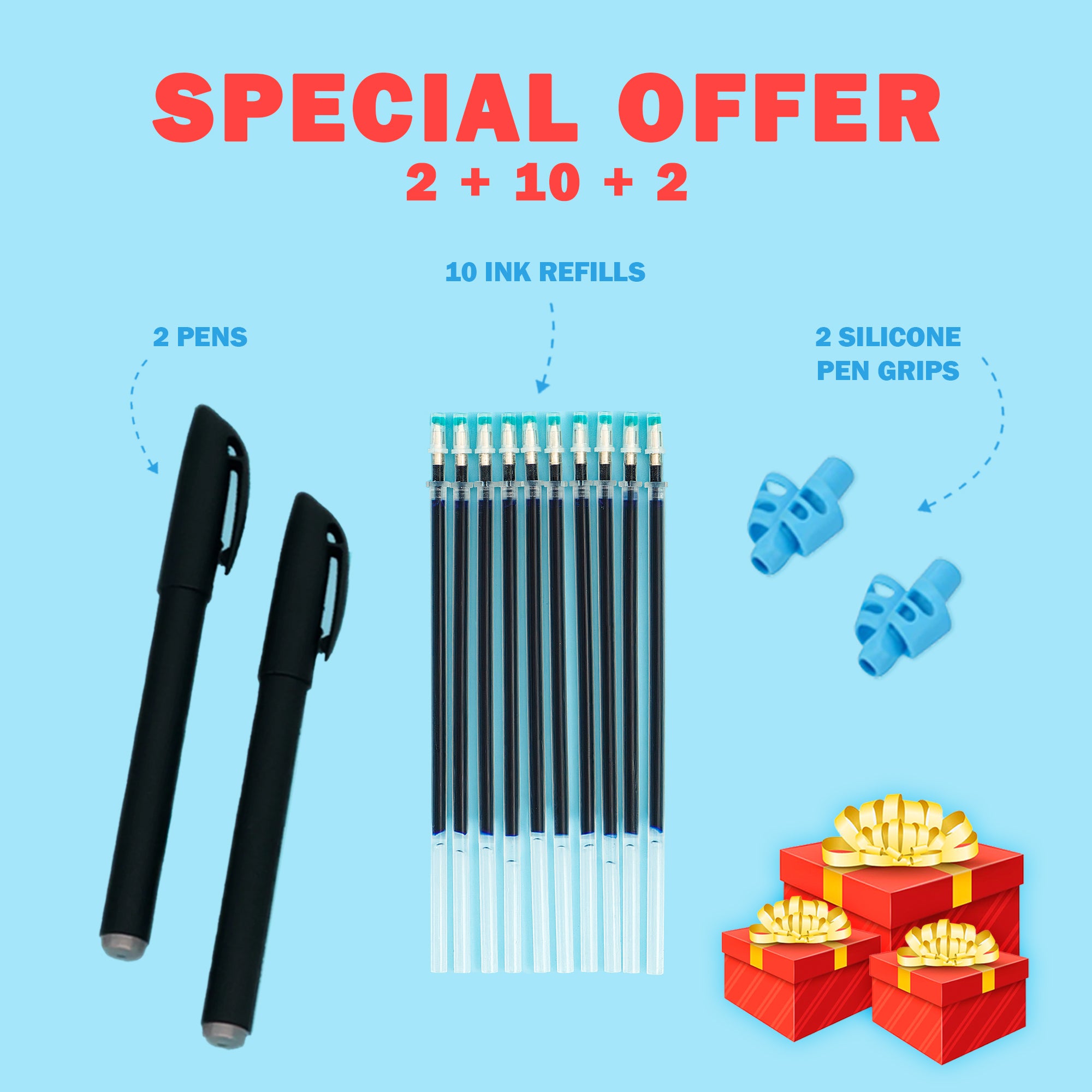 2x Pens  + 10x Pen refills with disappearing ink + 2x Pen grips
